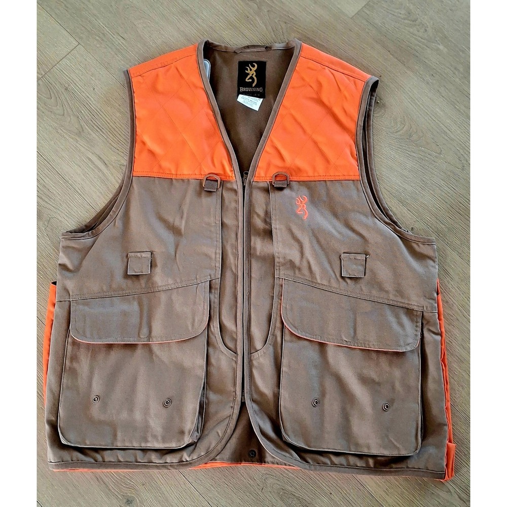 Browning Hunting Vest Men's Large Blaze Orange Brown Canvas Reactar Recoil Pad